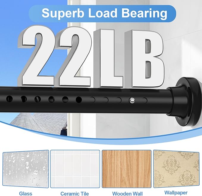 Long Tension Curtain Rod 40-148inch Black Shower Curtain Rods no Drilling Adjustable Tension Rod for Windows,Shower,Patio,Doorway,Heavy Duty Spring Rods Diameter 1.26inch