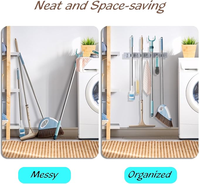 Gray Mop Broom Holder Wall Mount with 4 Slots & 4 Hooks - Wood Broom Mop Hanger for Pantry Closet Laundry Room Organization - Heavy Duty Garden Tool Organizer