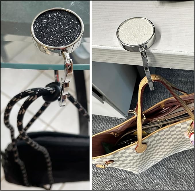 2 Pack Bling Foldable Purse Hooks for Table & Desk | Women's Handbag Hangers | Anti-Slip & Portable | Perfect for Dining Out & Office Use | Mixed Color (Black & White)