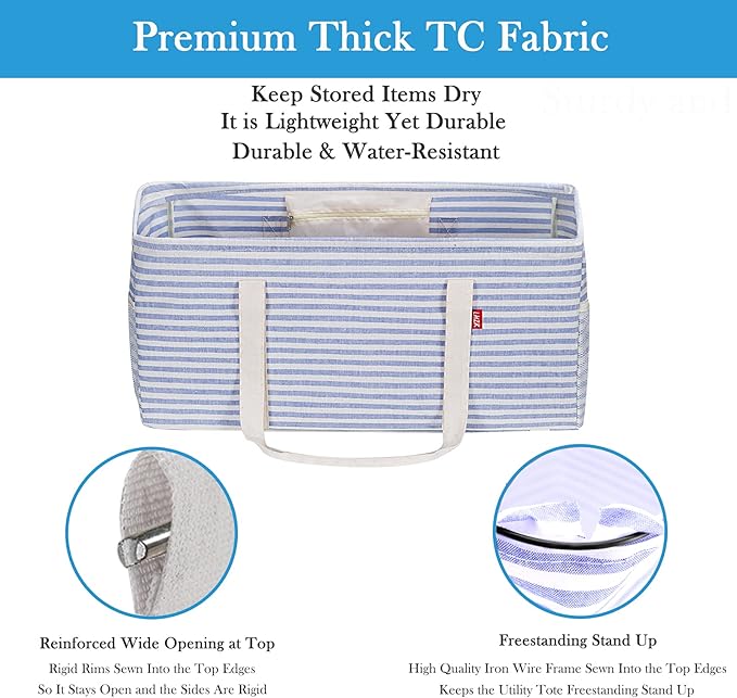 LHZK 2 Pack Extra Large Utility Tote Bag with Metal Wire Frame and the Sides Rinforced, Extra Large Tote Bag with Handle for Pool Beach Laundry Storage (Blue)
