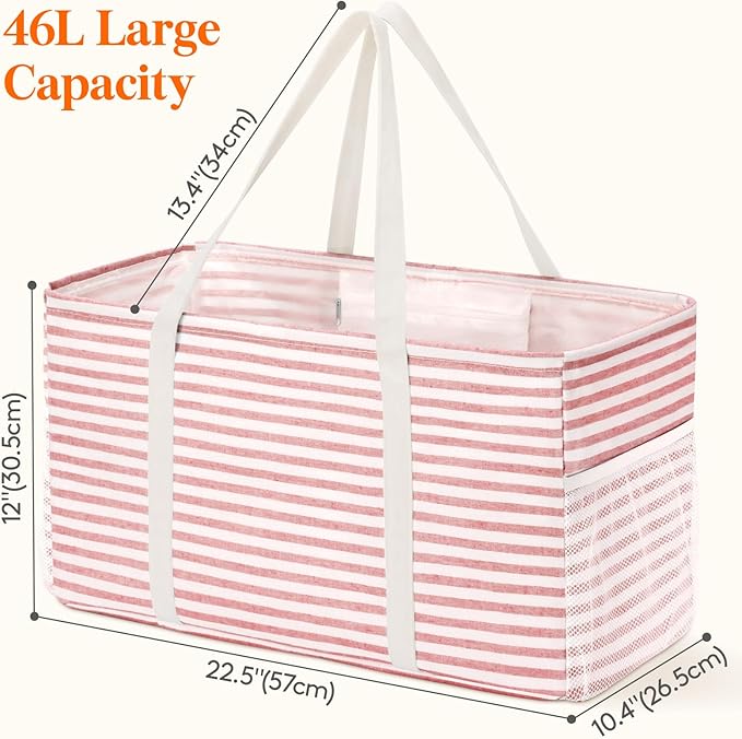 Lifewit Extra Large Tote Bag, Reusable Grocery Bags with Metal Wire Frame and Handles, Standing Utility Foldable Shopping Bags for Storage, Picnics, Beach, Laundry, Car, 46L, 2 Pack, Pink