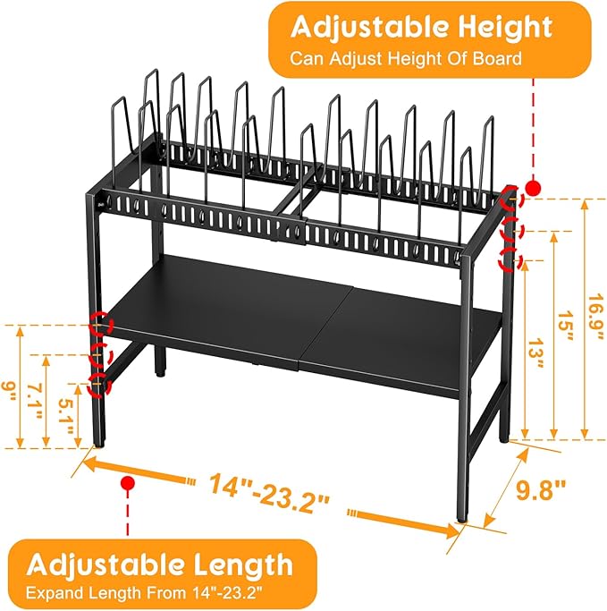 2-Tier Pots and Pans Organizer Under Cabinet,Expandable Pots Lid Organizers Inside Cabinet,Adjustable Metal Storage Shelves Organizer Rack with 10 Dividers For Kitchen Pantry Organization and Storage