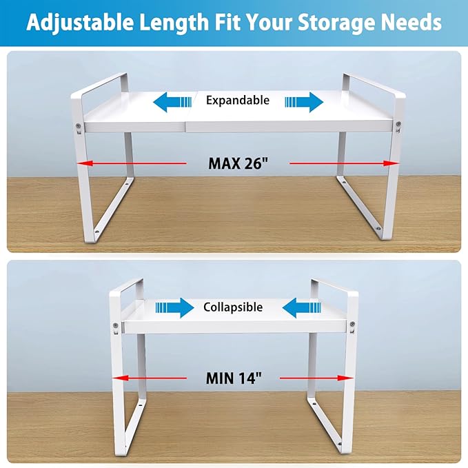 Expandable Cabinet Countertop Shelves, 9" Deep Cabinet Shelf Organizer Riser for Kitchen Pantry Cupboard Under Sink Countertop Organization Storage, Adjustable Metal Organizer Shelf with Nonslip Legs