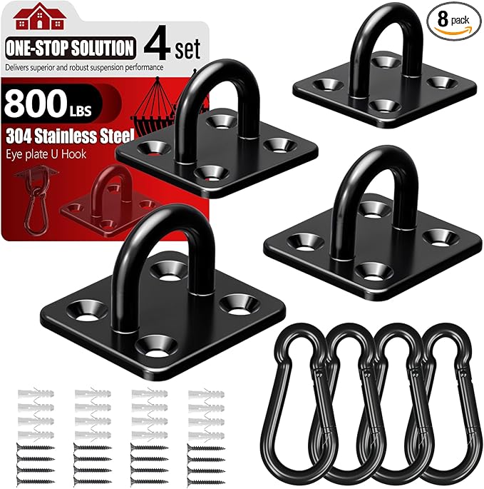 sprookber 304 Stainless Steel Pad Eye Snap Hooks, M6 Heavy Duty Ceiling Hooks, 800 lb Capacity Hammock Swing Hanging kit, Plant Hangers, Marine Hardware Staple Hook Loop with Screws, Set of 8(Black)