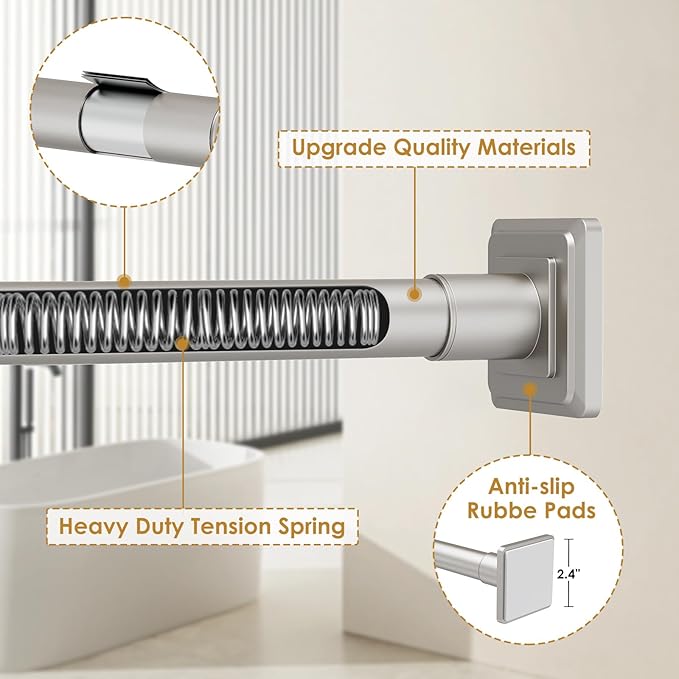 Brushed Nickel Tension Curtain Rod Adjustable Shower Curtain Rods 30-76 In Spring No Drilling or Screw Installation Shower Rod for Bathroom Shower Bar for Closet Kitchen with Brackets