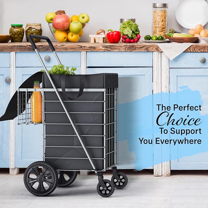 Our Modern Space Shopping Cart w/Waterproof Basket Liner & 360° Swivel Wheels | Foldable Collapsible & Lightweight | Perfect for Groceries Laundry Utility Cart - Silver