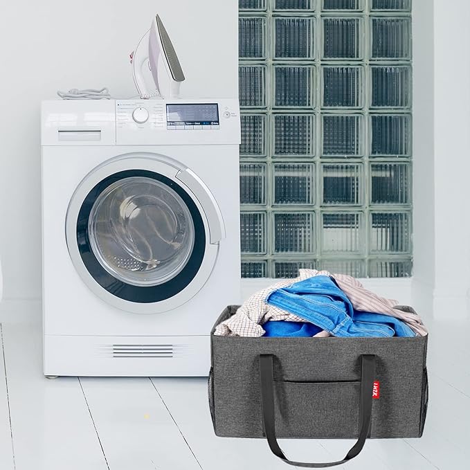LHZK 2 Pack Extra Large Utility Tote Bag with Metal Wire Frame and the Sides Rinforced, Extra Large Tote Bag with Handle for Pool Beach Laundry Storage (Grey)