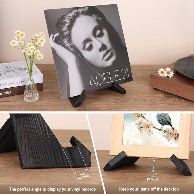PUERSI Now Playing Vinyl Record Stand, Wooden Display Vinyl Holder Stand, Retro Now Spinning Record Accessories - Black