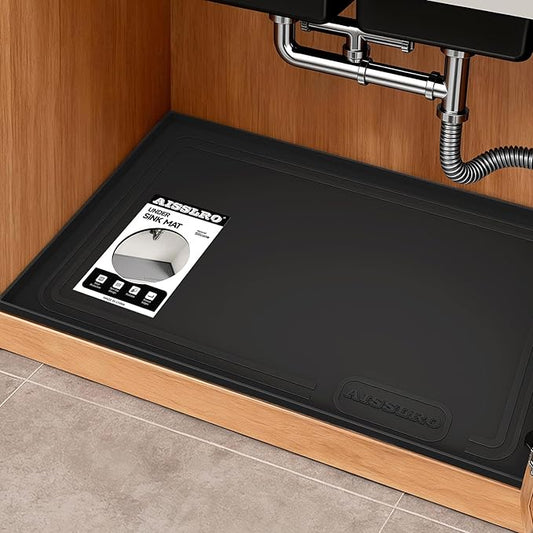 Aisslro Under Sink Mat 22" X 19", Waterproof Silicone Cabinet Protector with Raised Edge, Kitchen & Bathroom Leak Tray, Shelf Liner & Pet Feeding Mat for Dog Cat Food Mats, Black