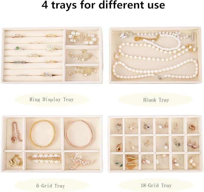 Velvet Jewelry Organizer for Drawer, Stackable Jewelry Drawer Inserts in Dresser, 8in Beige Storage Display Case for Rings Stud Necklaces Accessories, Set of 12