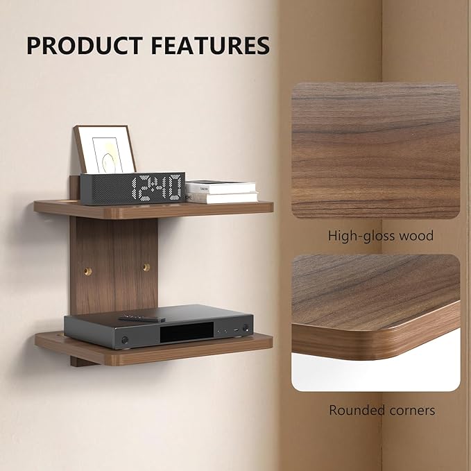 WALI Floating TV Shelf, 2 Tier Projector Shelf for DVD Players, Routers, Game Consoles, Cable Boxes, Living Room Decor Accessories, Wall Mount Shelves Holds Up to 22lbs (CS202N), 2-Shelf, Walnut Brown