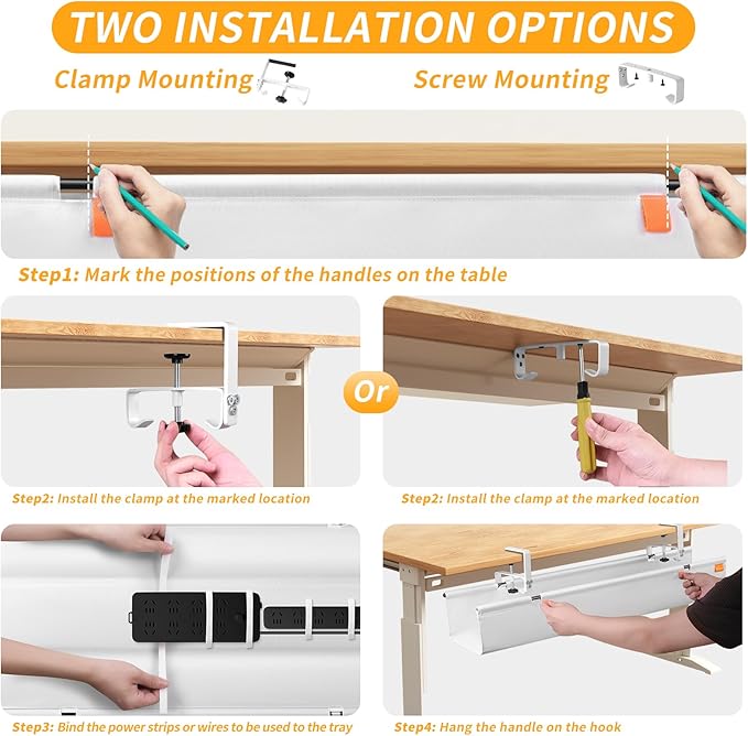 No Drill Under Desk Cable Management Tray, 36" Cord Organizer with Clamp, Fabric Cable Management for Standing Desks, Ideal for Home & Office - White