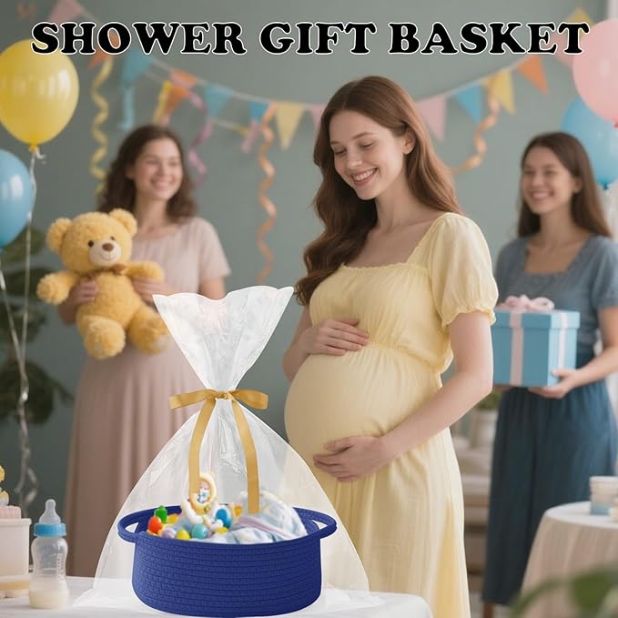 Small Woven Rope Basket-Empty Gifts Basket with Bag and Ribbons,Cute Handle Organizer Box for Birthday/Baby Shower, Toy Storage, Nursery Organizing & Shelf Decor(Royal Blue)