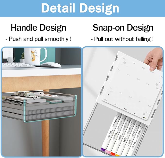Large Under Desk Table Drawer Storage Organizer A4, Hidden Self-Adhesive Under Desk Pencil Tray Drawer for Office (Clear Black/L)