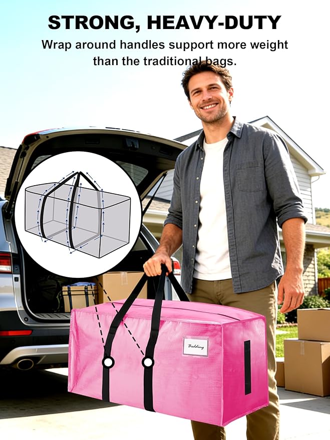 80 Pack Large Strong Moving Bags with Zippers & Carrying Handles - Water-Resistant - Heavy Duty Storage Tote for Space Saving, Fold Flat, Alternative to Moving Box (Pink)