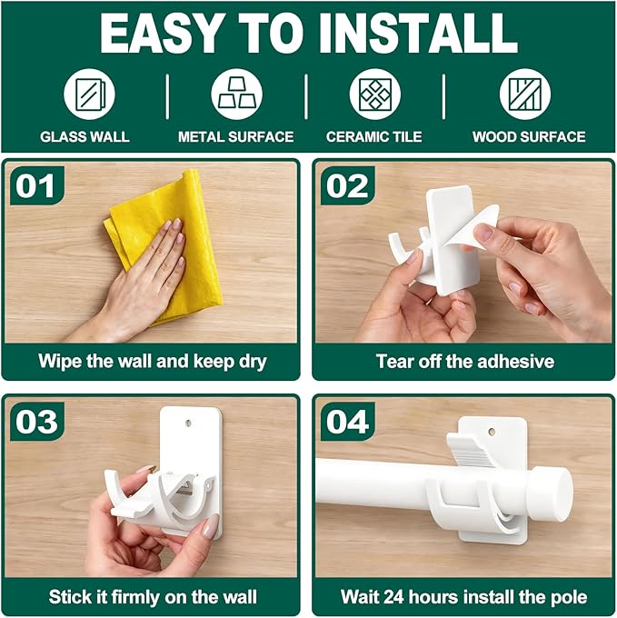 No Drill Curtain Rod Brackets, 4 PCS Self Adhesive Curtain Hooks 20lb, Nail Free Adjustable Curtain Rod Holders Rental Friendly for Apartment, Kitchen, Bathroom, Dorm ＆ Living Room