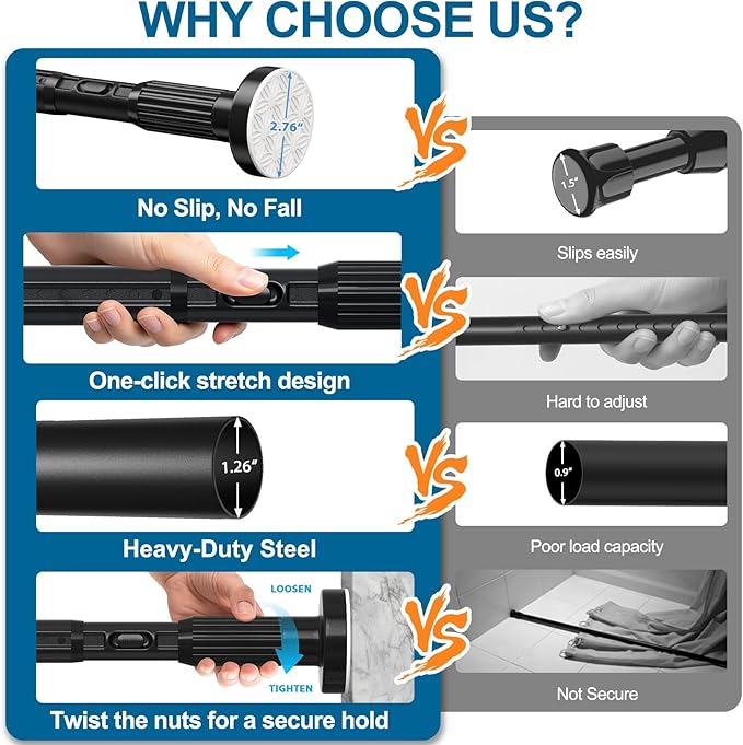 AIZESI 41-182 Inch Heavy Duty Black Tension Curtain Rod - No Drilling, Adjustable, Rust-Proof for Outdoor, Living Room, Bathroom