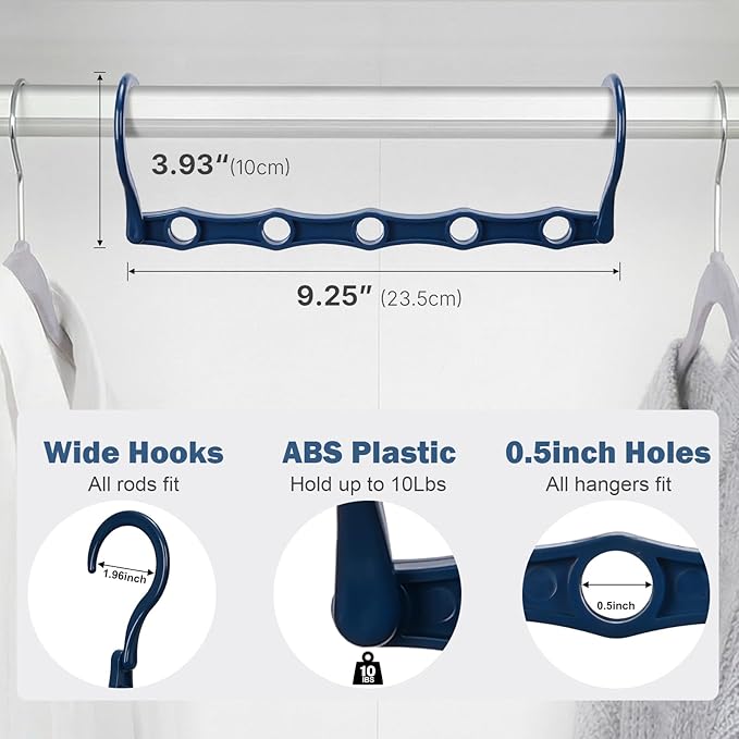 HOUSE DAY 10 Pack Closet Organizers and Storage with 5 Holes for Cascading, Multipurpose, Space Saving Hanger Organizer, Closer Organizer for Closet Organization, Dorm Room Essentials - Misty Blue