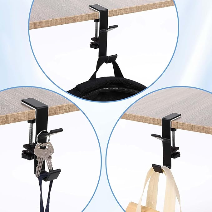YUANQIAN Clamp-On Under Desk Headphone Holder Backpack Hook Students' Desk Hook with Adjustable Arm Clamp Women's Bag Handbag and Purse Holder -Suitable for Plate Between 1-5cm (3Pack Black, 3)