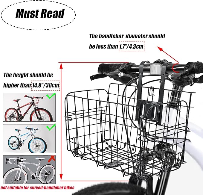 Folding Bike Front Basket Bicycle Wire Basket with Handles Easy Installation on Front Handlebar