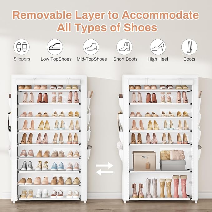 Shoe Rack with Cover, 10 Tier Shoe Organizer Storage for 40-50 Pairs Sneaker and Boots, Large Capacity, with 8 Pockets, Free Standing Tall Shoe Rack for Front Door Entrance, Closet, White