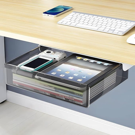 Large Under Desk Table Drawer Storage Organizer A4, Hidden Self-Adhesive Under Desk Pencil Tray Drawer for Office (Clear Black/L)