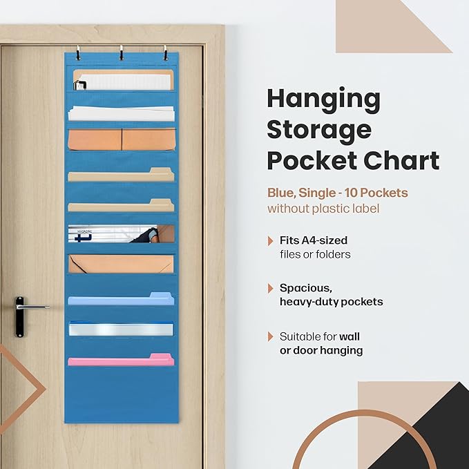 Hippo Creation Heavy Duty Storage Pocket Chart for Classroom, 10 Pocket Storage Organizer with 3 Over-Door Hangers, Hanging Wall Organizer for File Folders, School Mailbox, Home Office Papers - Blue