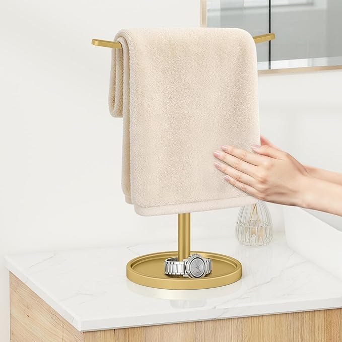 STWWO Hand Towel Holder, Stainless Steel Towel Holder Stand for Bathroom, Kitchen Countertop, T-Shaped Hand Towel Rack Stand, Gold