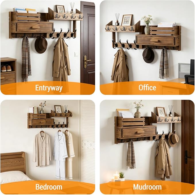29" Coat Rack Wall Mount with Shelf & Drawer, Heavy Duty Wood Entryway Organizer, Wall Coat Hanger with 12 Metal Hooks, Wall Mounted Coat Rack Key & Mail Holder for Living Room, Bedroom