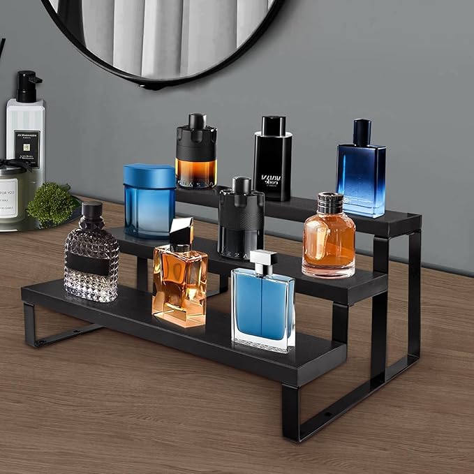 3 Tier Cologne Stand for Men,12 Inch Wooden Perfume Organizer for Dresser Waterproof Cologne Stand with Anti-Slip Washers for Makeup,Figures,Cupcake,Perfume,Dessert,Display Risers Stand for Organize