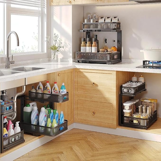 1 Pack 15.7IN-Depth Under Sink Organizer With Smooth Cylindrical Rail,2-Tier Pull Out Multi-Purpose Cabinet Storage for Bathroom&Kitchen,Height Adjustable,Rust-resistant Coating-Black