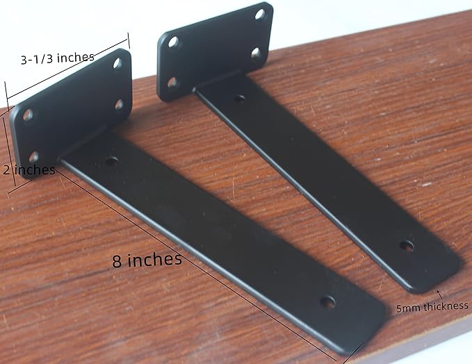 4 Pack - 8 inch Black Hidden L Shelf Bracket (1/5 Inch Thicked) Iron Floating Shelf Brackets Rustic Industrial Metal Brackets for Shelf Support