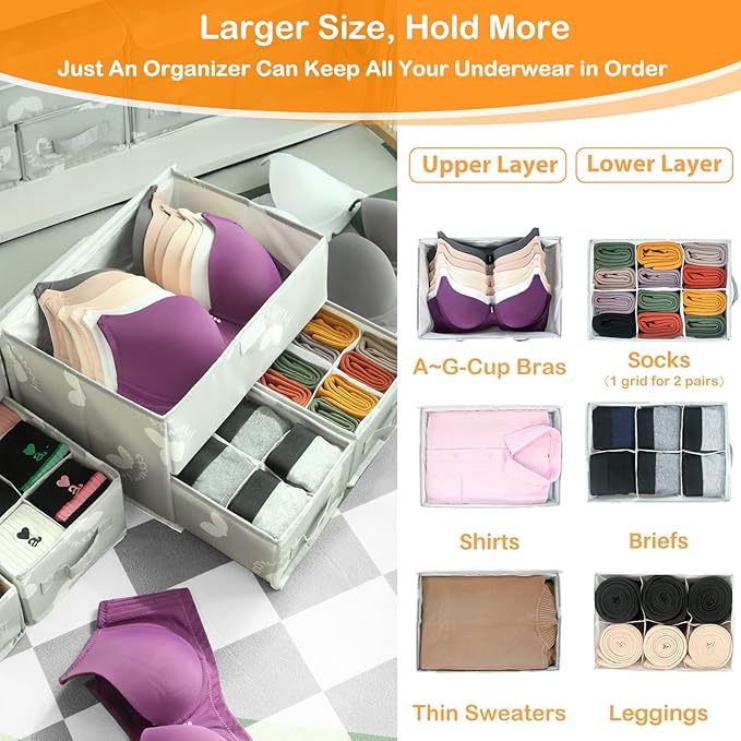 EASEVE 2 Pack Sock Underwear Drawer Organizer Divider - Closet Organizers and Storage Dresser Organizer Wardrobe Clothes Box Storage Bins with Lid for Bra, Socks, Leggings, Shirt, Panty (Grey)