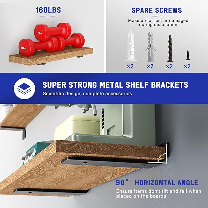 Goovilla Shelf Bracket, Heavy Duty Floating Shelf Brackets 12 inch Long, 6 Pack Brackets for Shelves, Black Coated Metal Wall Shelf Support Brackets with 1/5 Inch Thick and 160 lb. Load Capacity