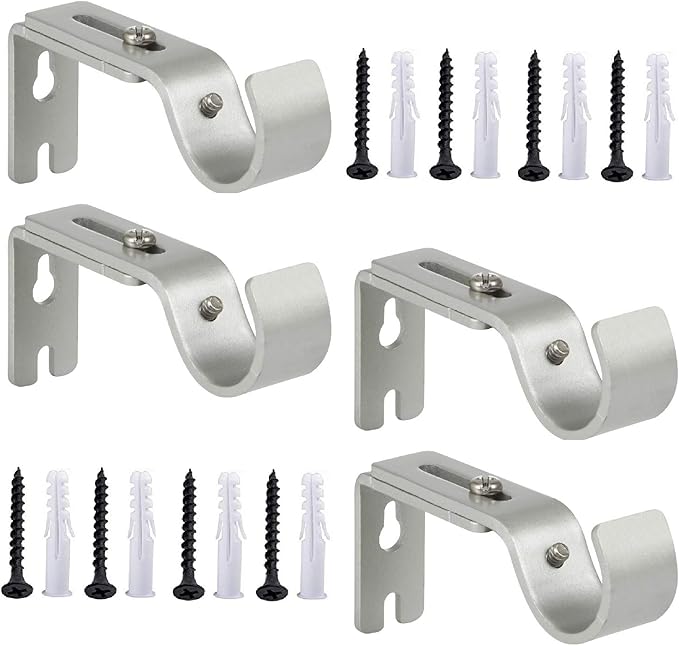 Heavy Duty Adjustable Curtain Rod Brackets Rod Holders for 1 Inch Rod, Silver Color, (Set of 4,Silver)
