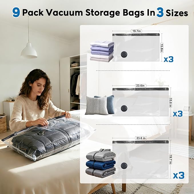 Mapambo Travel Vacuum Bags with -60000Pa LED Electric Pump, 9 Pack Vacuum Seal Bags for Clothing Travel in 3 Combo sizes, Space Saver Vacuum Storage Bags, Saving up to 80% of Space (9 Combo)
