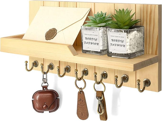 Rebee Vision Farmhouse Pine Key Holder Wall Mount for Room Decor - Key Holder for Wall with Floating Shelf for Placeable Plants- Rustic Key Hanger for Apartment Essentials (Original Wood,15-inch)