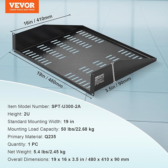 VEVOR 2U Server Rack Shelf - Universal Vented Cantilever Tray for 19 inch Network Equipment Rack & Cabinet, 16" Deep, 50 lbs Weight Capacity, Wall Mount