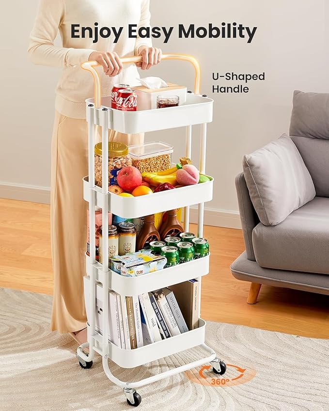 Pipishell 4 Tier Mesh Utility Cart, Rolling Metal Organization Cart with Handle and Lockable Wheels, Multifunctional Storage Shelves for Kitchen Living Room Office White, PIUC12W