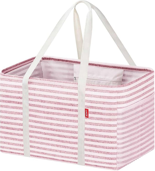 LHZK Standing Utility Tote Bag with Metal Wire Frame and the Sides Rinforced, Large Tote Bag with Handle, Reusable Grocery Bags Foldable, Beach Bag, Car Tote (Pink, 18.5''x11.8''x11.5'')
