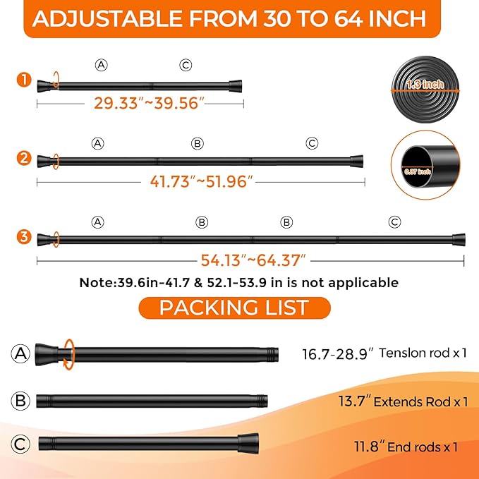 2Pack Tension Curtain Rod for Window 30 to 64 Inch 7/8" Diameter Adjustable Spring Loaded Curtain Rods No Drilling Black Tension Rods for Doorway Closet Door Kitchen Bathroom