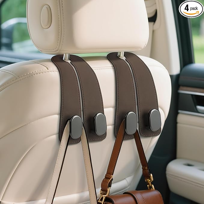 Car Seat Headrest Hooks - 4 Pack Universal Car Purse Hook, Leather Car Bag Purse Holder with Double Metal Hooks for Handbags, Grocery Bags, Bottles, Phones, Brown