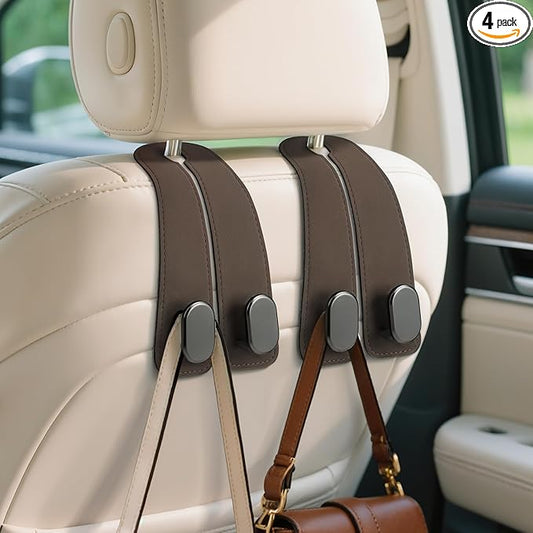 Car Seat Headrest Hooks - 4 Pack Universal Car Purse Hook, Leather Car Bag Purse Holder with Double Metal Hooks for Handbags, Grocery Bags, Bottles, Phones, Brown