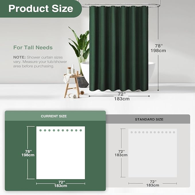 Dynamene Long Fabric Shower Curtain - 78 inch Long Waffle Weave Weighted Cloth Shower Curtains for Bathroom, Neutral Heavy Duty Hotel Spa Luxury Bath Curtain Set with 12 Hooks, 72x78, Dark Green