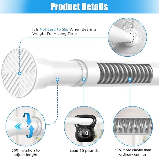 1pack Shower Curtain Rod 31-62 inch Tension Rod White Shower rod Non Slip Adjustable Curtain Rods No Drilling Tension Curtain Rod Shower Rods for Windows Closet