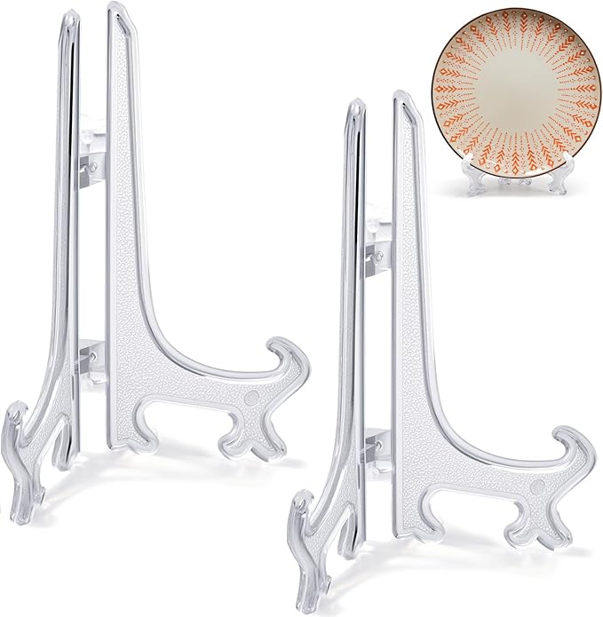 6 Inch Acrylic Display Stand 2pcs Clear Plate Holder Easel for Decorative Plates Artwork Photos Table Cards Wedding Centerpiece Home Decor Foldable Stand