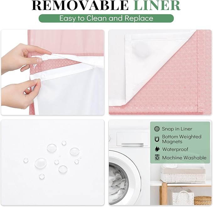 Dynamene Fabric Shower Curtain with Snap in Liner, Pink Waffle Hotel Shower Curtains for Bathroom, Washable Waterproof Cloth Shower Curtain Liner Set with Plastic Hook, Mesh Top Window, 72x72, Pink