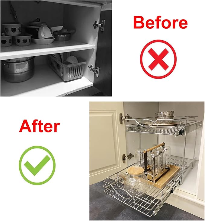 Sikarou Pull Out Cabinet Organizer 9" W x 21" D 2-Tier Individual Slide Out Drawer Pantry Shelf Storage for Kitchen Base Cabinet Organization for Kitchen, Bathroom, Pantry, Chrome