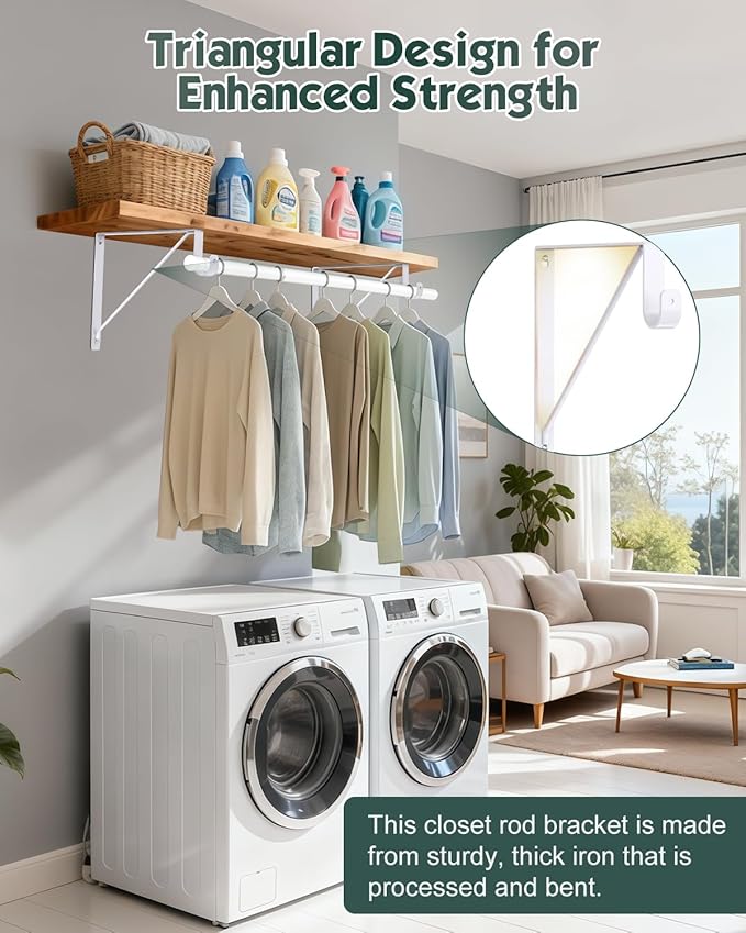 Supforce 2 Pack Closet Rod Bracket, Heavy Duty Closet Rod Support with Rod Holder, Wall Mounted Closet Shelf Brackets with Triangle Stabilizing Design for Closet, Bathroom and Kitchen, White