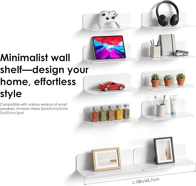 OAPRIRE White Floating Shelves Wall Mounted Set of 2 - Easily Expand Wall Space - Acrylic Hanging Shelves for Bedroom, Gaming Room, Living Room, Bathroom, Office with Cable Clips